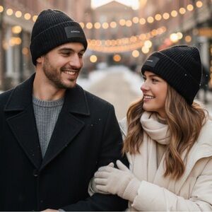 NWT Coach Black Woven Patch Ribbed Knit Beanie Hat